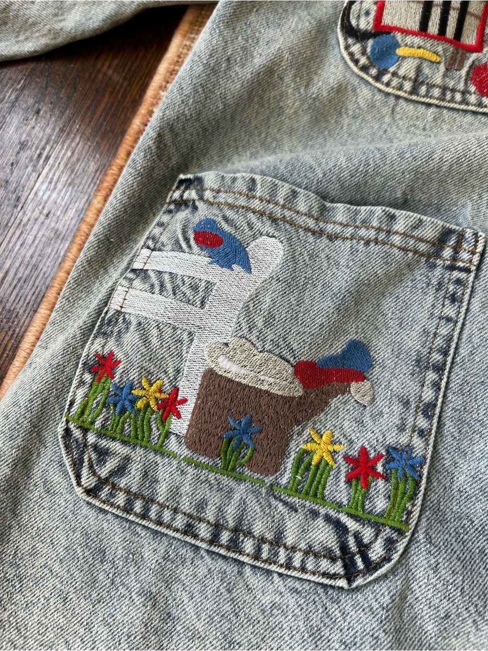 Denim Women's Embroidered Jacket - Light Blue with Colorful Pockets - Picture 5 of 9